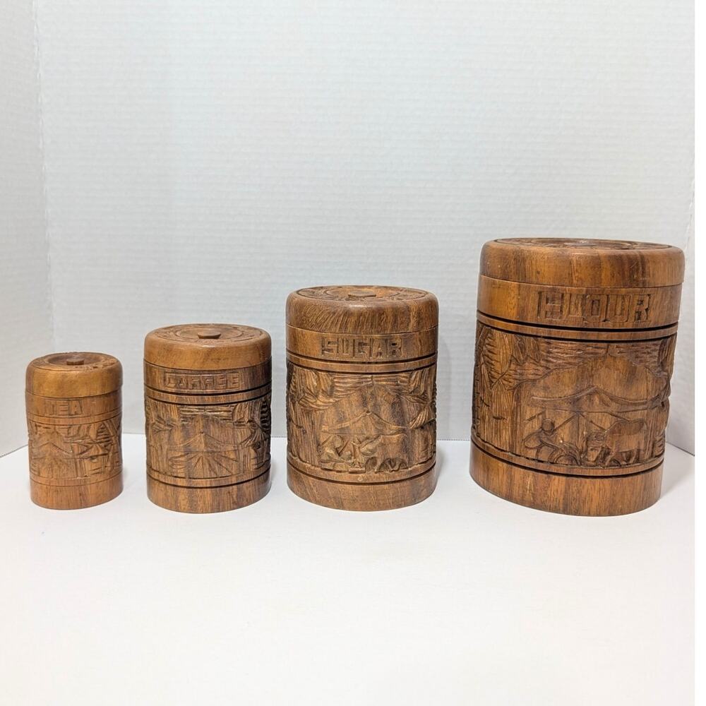 Vtg Wooden Nesting Canister Set 4 Pc Flour Sugar Coffee Tea Kitchen Storage Boho